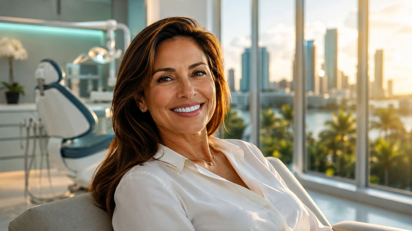 Confident woman smiling in a modern dental clinic with city views