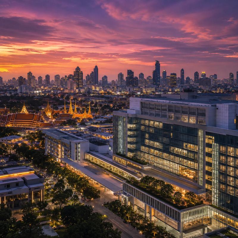 Bangkok skyline at twilight with hospital and temple