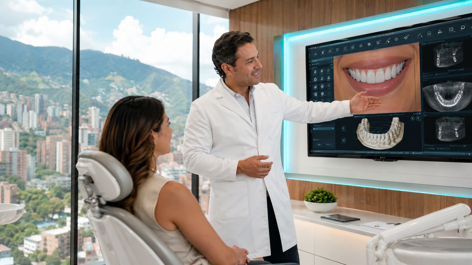 Colombian dentist showing patient a digital smile design on a large monitor with Medellín mountain views